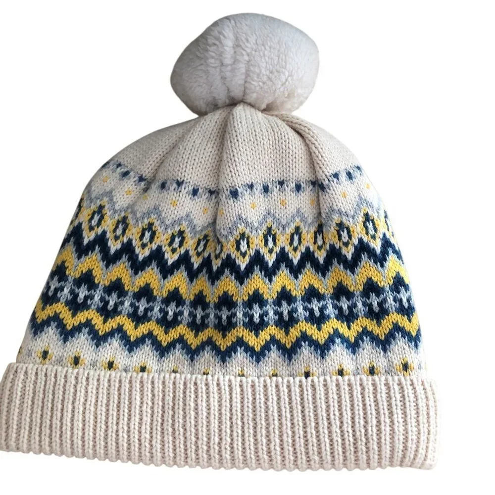 Baby Gap Fair Isle Wool Fleece Lined Beanie Hat 18 - 24 M Ivory Blue Yellow NEW